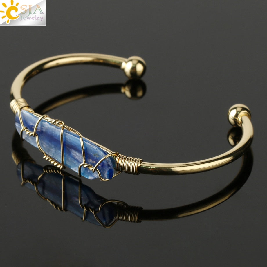 Natural Stone Bangles Cuff Copper Bracelets for Women Gold-Color Wire Wrap Irregular Crystal Quartz