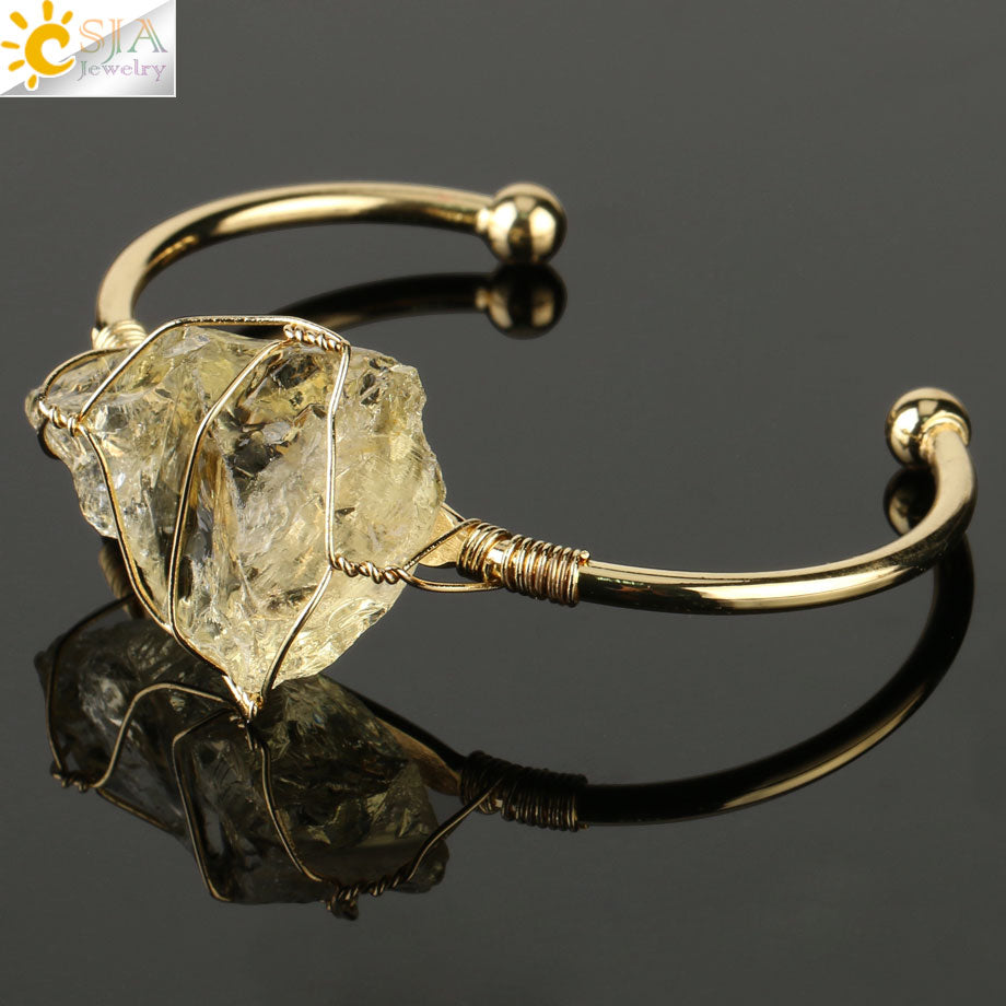 Natural Stone Bangles Cuff Copper Bracelets for Women Gold-Color Wire Wrap Irregular Crystal Quartz