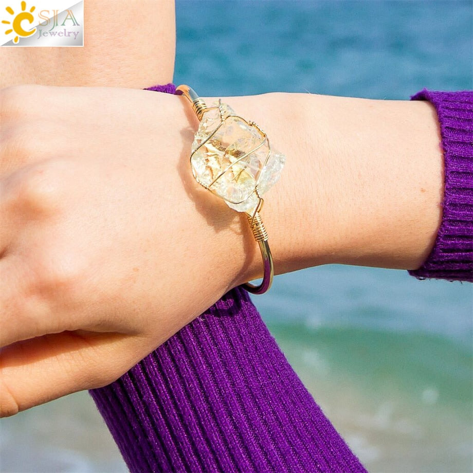 Natural Stone Bangles Cuff Copper Bracelets for Women Gold-Color Wire Wrap Irregular Crystal Quartz
