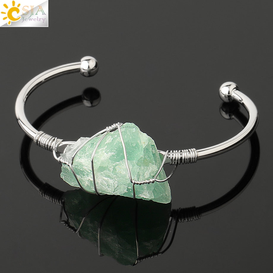 Natural Stone Bangles Cuff Copper Bracelets for Women Gold-Color Wire Wrap Irregular Crystal Quartz