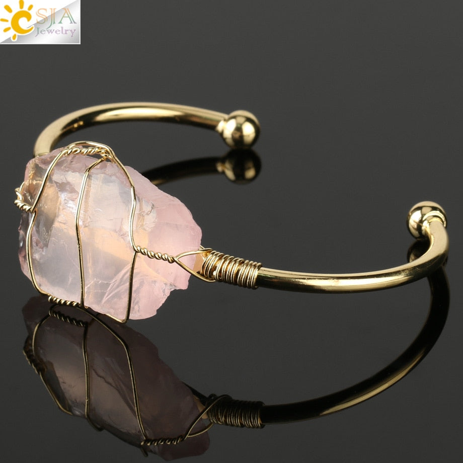 Natural Stone Bangles Cuff Copper Bracelets for Women Gold-Color Wire Wrap Irregular Crystal Quartz