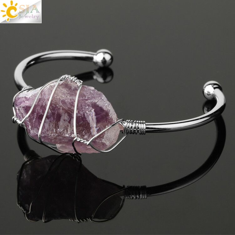 Natural Stone Bangles Cuff Copper Bracelets for Women Gold-Color Wire Wrap Irregular Crystal Quartz