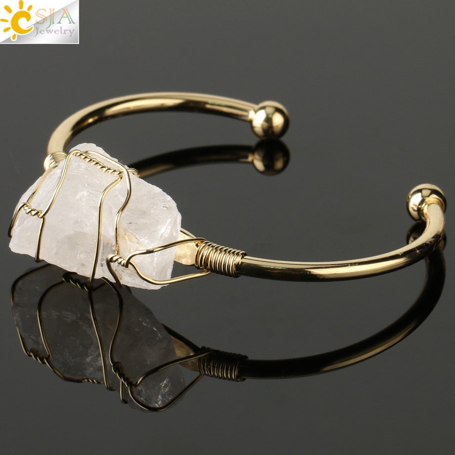 Natural Stone Bangles Cuff Copper Bracelets for Women Gold-Color Wire Wrap Irregular Crystal Quartz