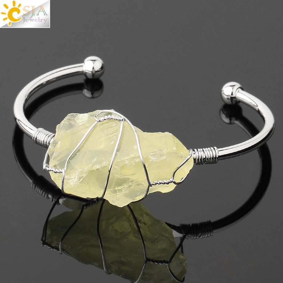 Natural Stone Bangles Cuff Copper Bracelets for Women Gold-Color Wire Wrap Irregular Crystal Quartz