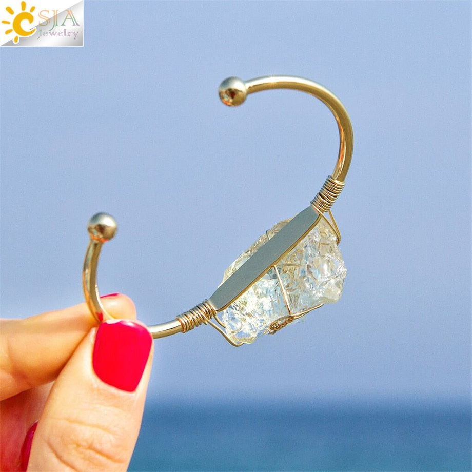 Natural Stone Bangles Cuff Copper Bracelets for Women Gold-Color Wire Wrap Irregular Crystal Quartz