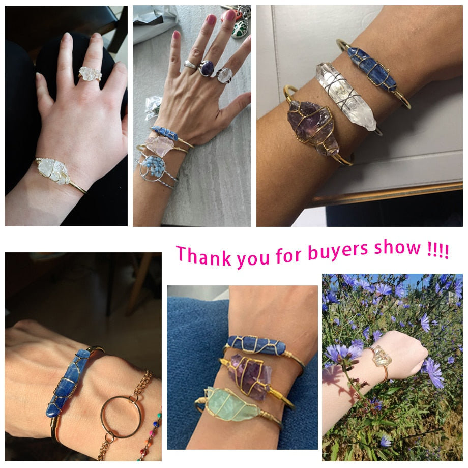 Natural Stone Bangles Cuff Copper Bracelets for Women Gold-Color Wire Wrap Irregular Crystal Quartz