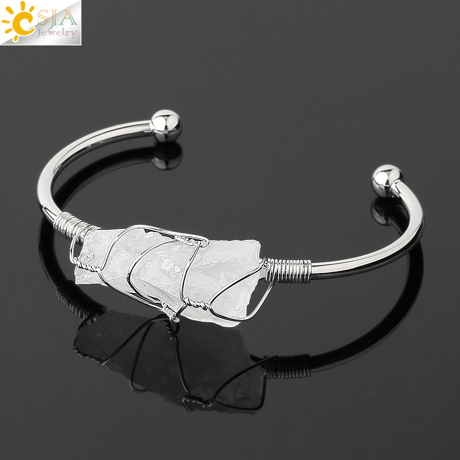 Natural Stone Bangles Cuff Copper Bracelets for Women Gold-Color Wire Wrap Irregular Crystal Quartz