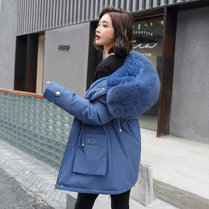 Winter Parkas Women Large Fur Collar Hooded Jacket - Heavyweight & Warm