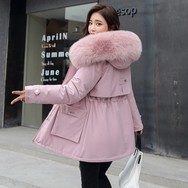 Winter Parkas Women Large Fur Collar Hooded Jacket - Heavyweight & Warm