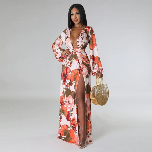 Summer Women Commuter Sexy Lantern Sleeves Sexy Deep V Split Print Dress Long Sleeve Floor Sweeping Dress