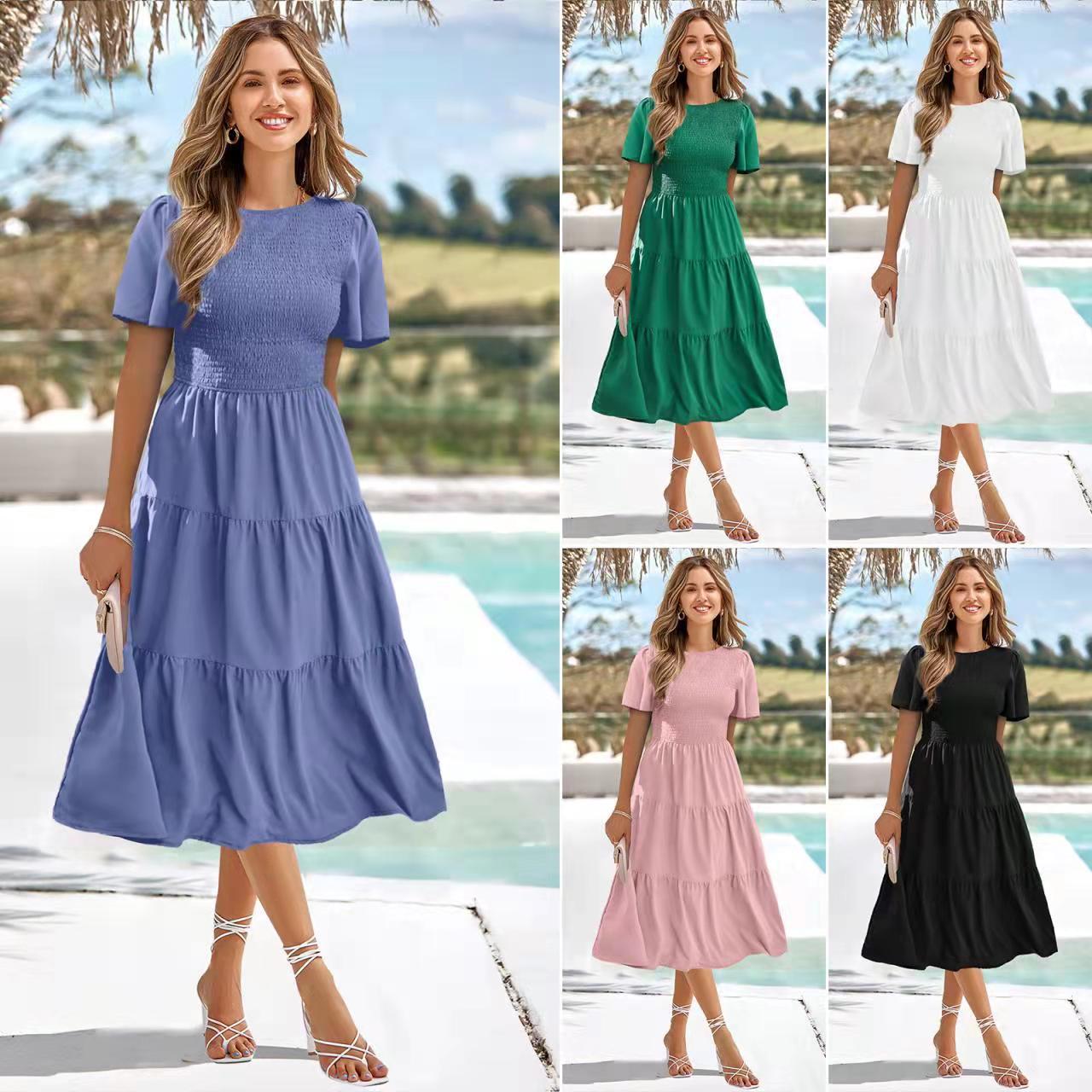 Women's Round Neck Smocked Short Sleeve Casual Dress Swing Flowy Ruffl Trendy ShopLand Women's Round Neck Smocked Short Sleeve Casual Dress Swing Flowy Ruffl Trendy ShopLand