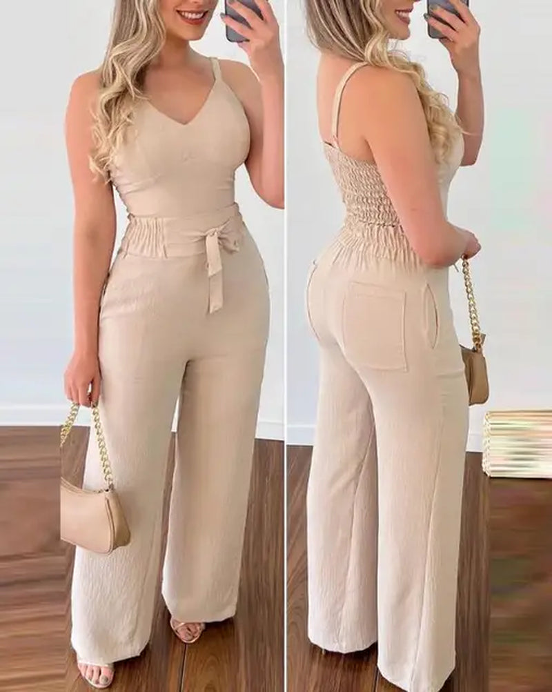 2024 Summer Women's Elegant V-Neck Jumpsuit Set with Shirred Cami Top and High Waist Pants - New Fashion Casual One Piece"