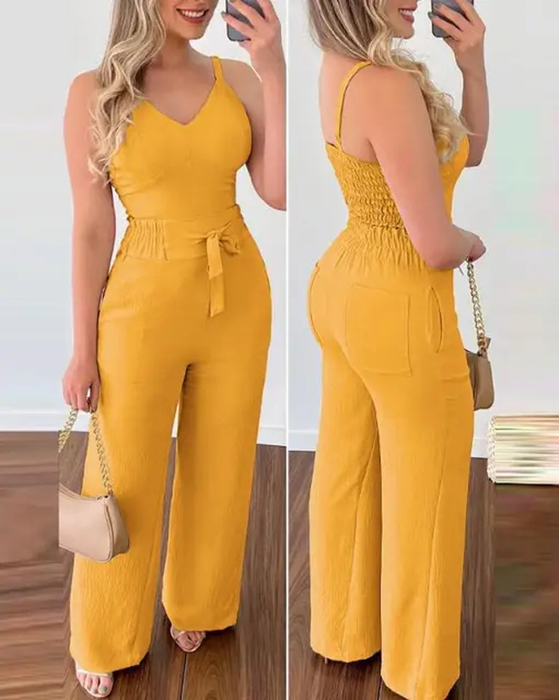 2024 Summer Women's Elegant V-Neck Jumpsuit Set with Shirred Cami Top and High Waist Pants - New Fashion Casual One Piece"