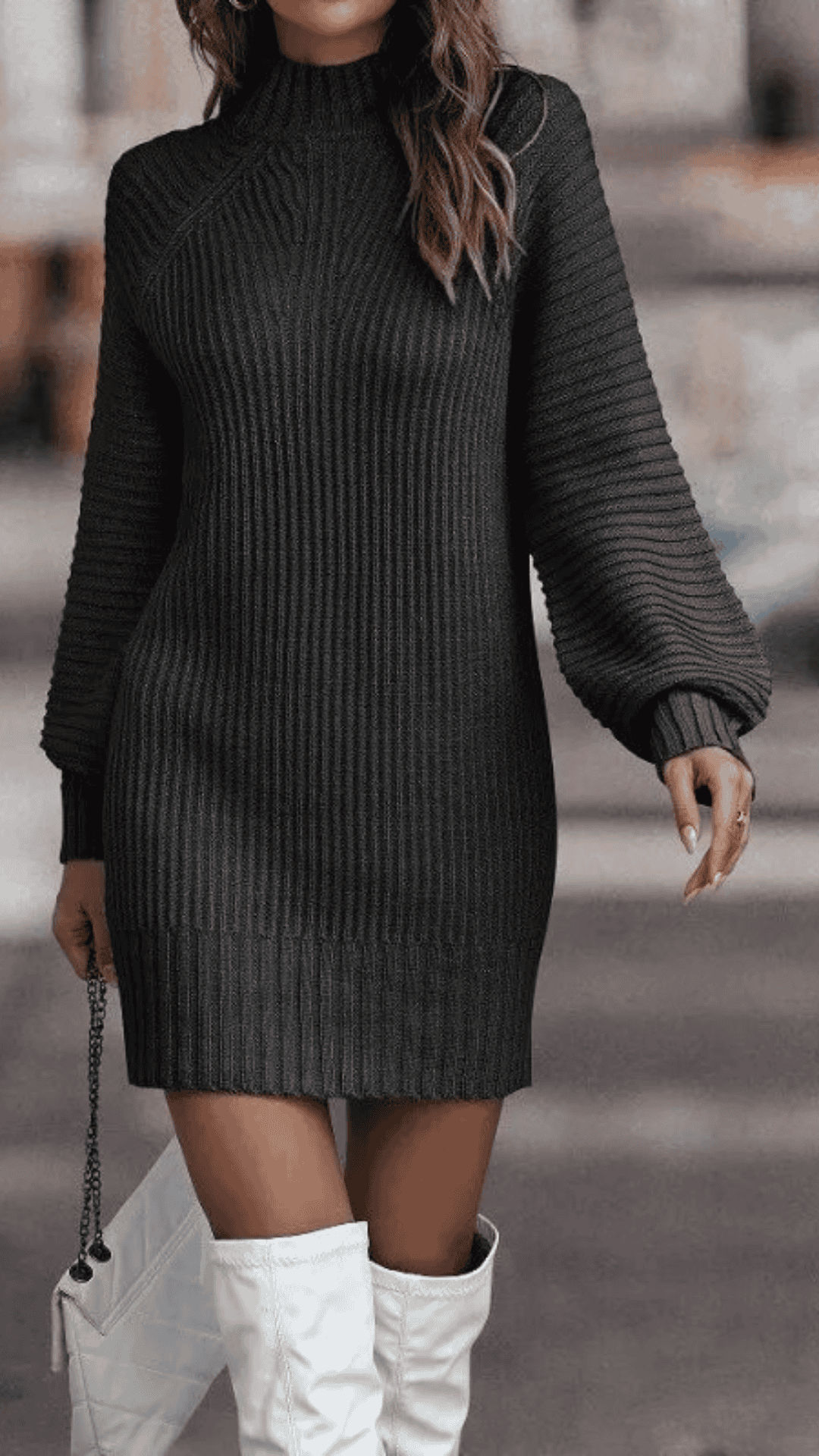 Vintage Knitted Dress Chic Turtleneck Sweater Dress for Women