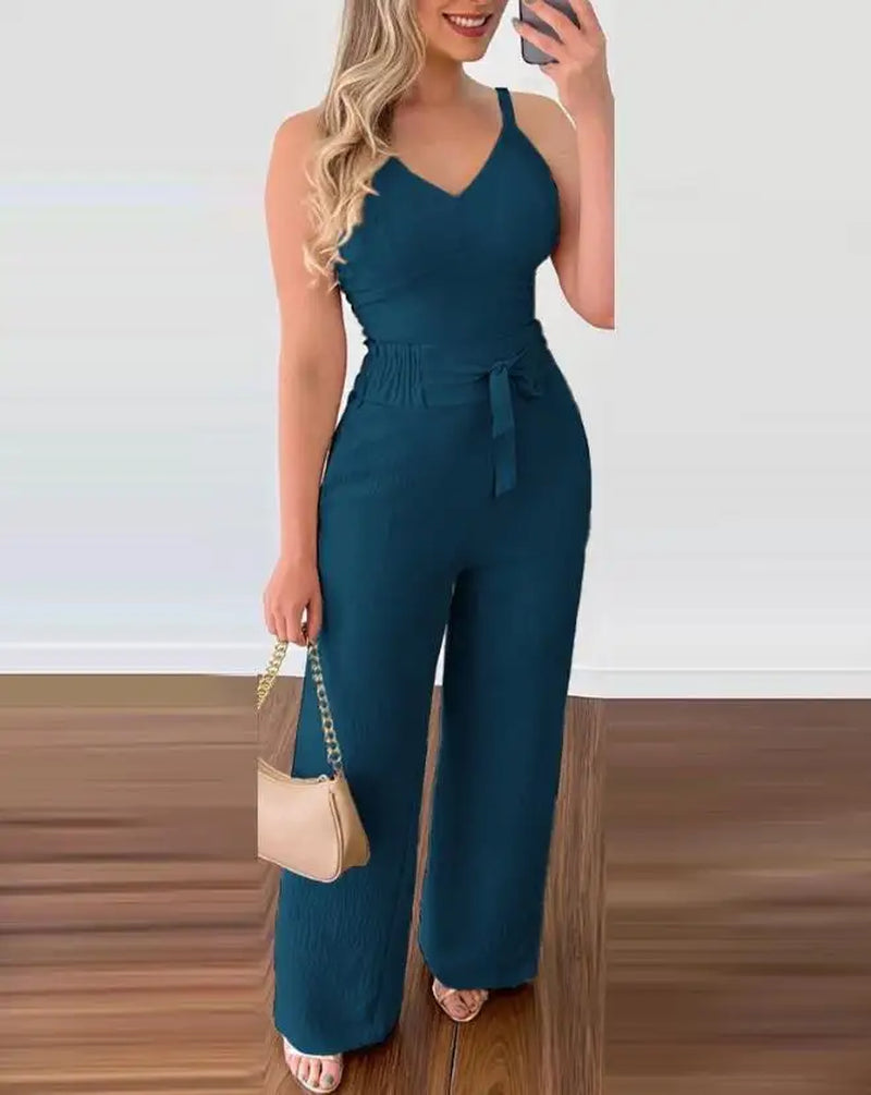 2024 Summer Women's Elegant V-Neck Jumpsuit Set with Shirred Cami Top and High Waist Pants - New Fashion Casual One Piece"