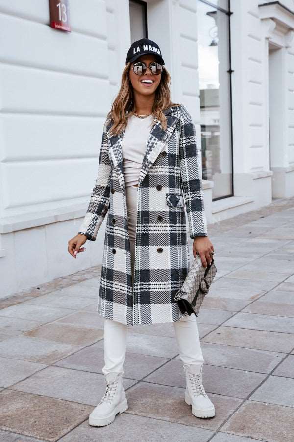 Fashion Plaid Woolen Coat | Stylish Outerwear in Polyester Blend