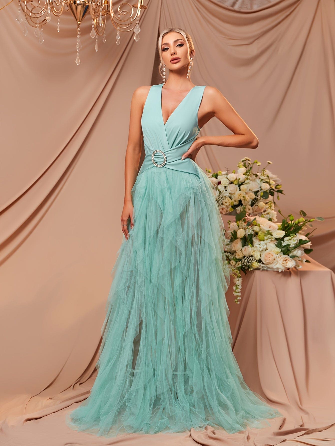 Elegant Sleeveless A-line Dress with Crisscross Tulle Overskirt and Sweep Train - Perfect for Formal Occasions and Weddings