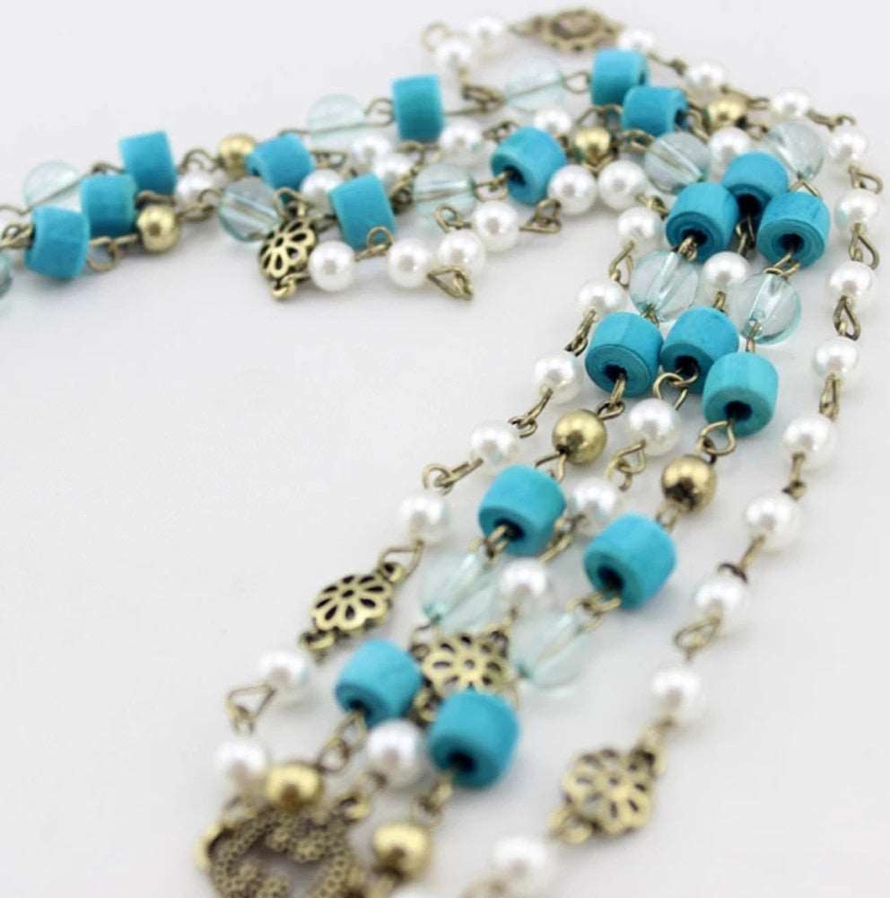 Boho Ethnic Blue Wood Pearl Beaded Pendant Head Chain | Indian Wedding Headpiece