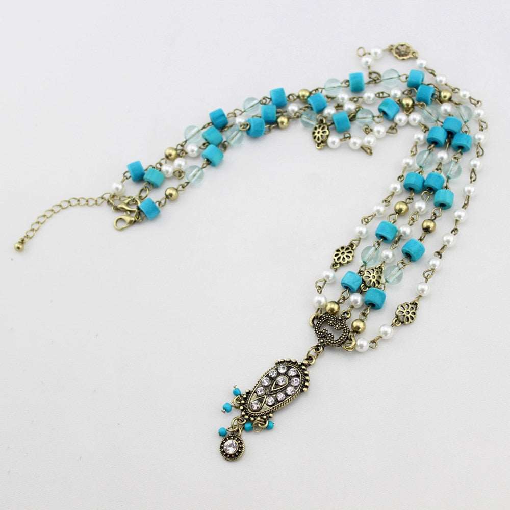 Boho Ethnic Blue Wood Pearl Beaded Pendant Head Chain | Indian Wedding Headpiece