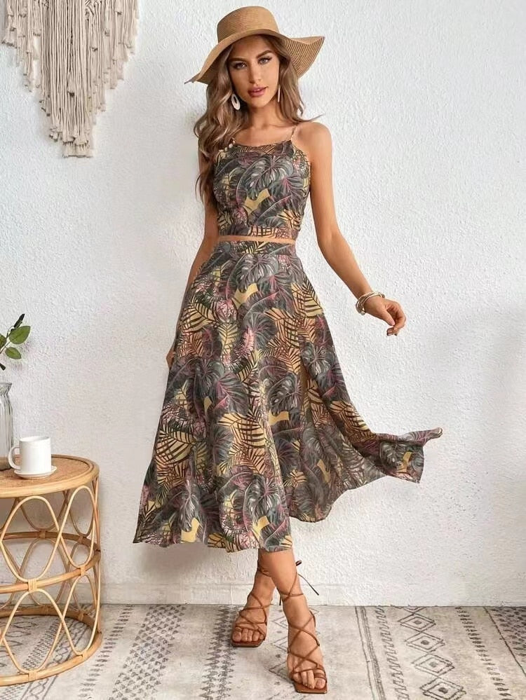 Summer Two Piece Strap Printed Bohemian Mid length Sleeveless Back Lace Up Dress