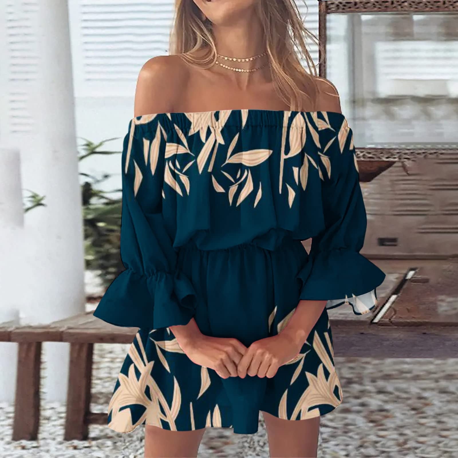 Step into Summer 2023 with Boho Chic Vibes in Our Off-Shoulder Floral Print Flare Sleeve Tunic Dress!