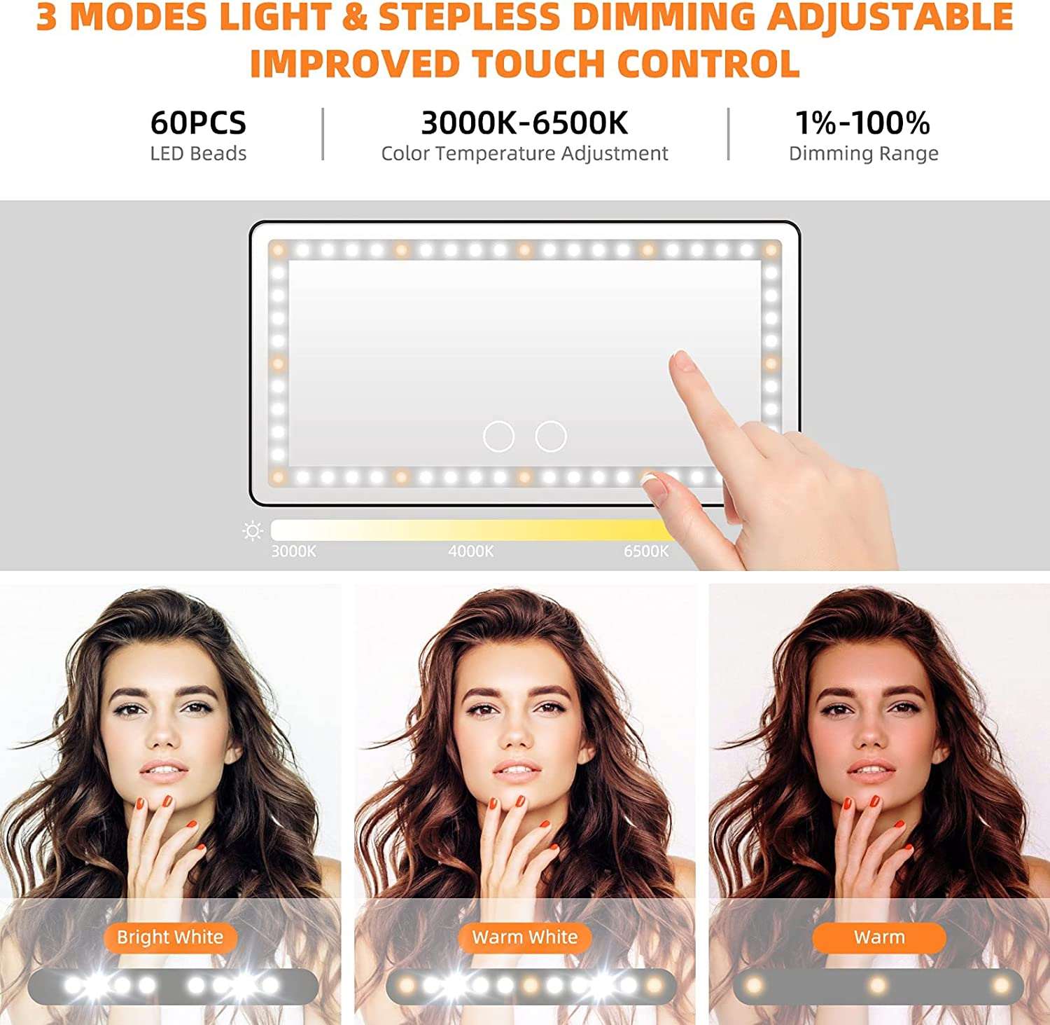 Car Sun Visor Vanity Mirror | 3 Light Modes & 60 LEDs | Rechargeable LED Light | Dimmable Touch