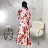 Summer Women Commuter Sexy Lantern Sleeves Sexy Deep V Split Print Dress Long Sleeve Floor Sweeping Dress
