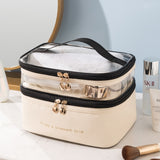 Sleek & Chic Double Layer Makeup Bag: Travel in Style with this Portable, Waterproof, and Spacious Cosmetic Bagouble Layer Makeup Bag Travel Cosmetic Bag PU Transparent WashBag Portable Waterproof Fashion Large Capacity Storage Bag