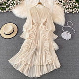 Style Ankle Length Long Dresses Women Sexy V Neck Puff Sleeve Lace Elegant Evening Party Summer Dress