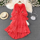 Style Ankle Length Long Dresses Women Sexy V Neck Puff Sleeve Lace Elegant Evening Party Summer Dress