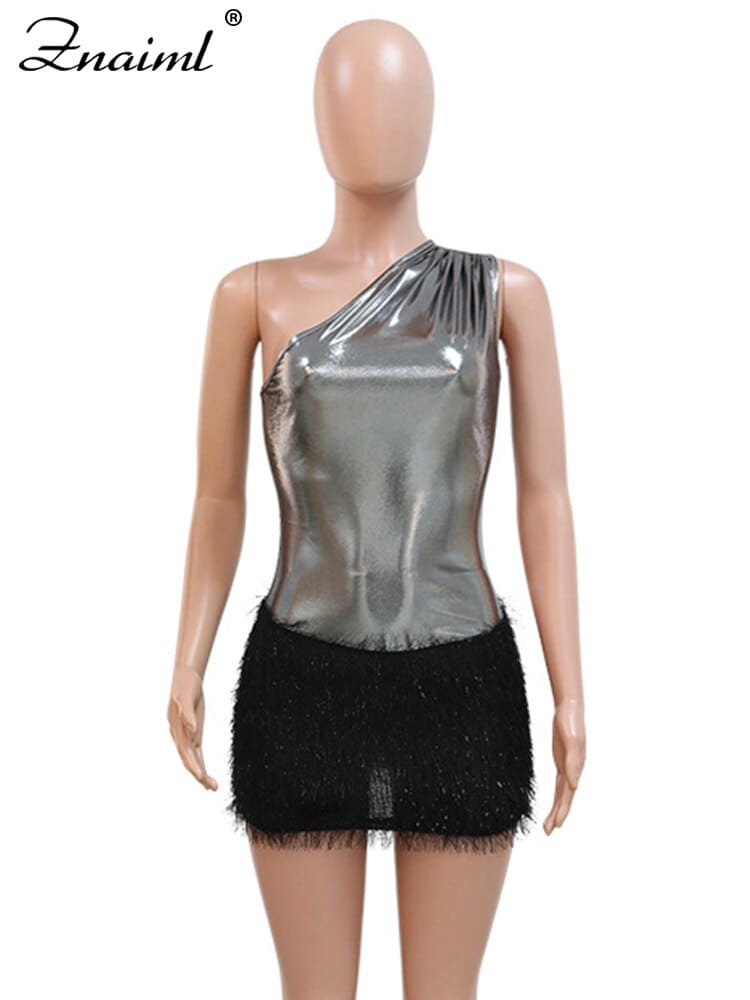 Chic Faux Leather and Fur Patchwork Mini Dress: One-Shoulder Nightclub Glam for Summer Parties and Birthdays