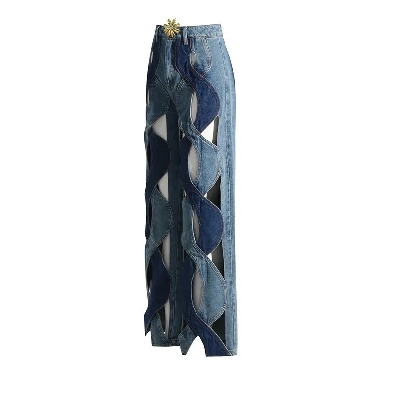 Fashion Women's Streetwear Cutout Flare Denim Pants - Trendy Hollow Out, Criss Cross Design