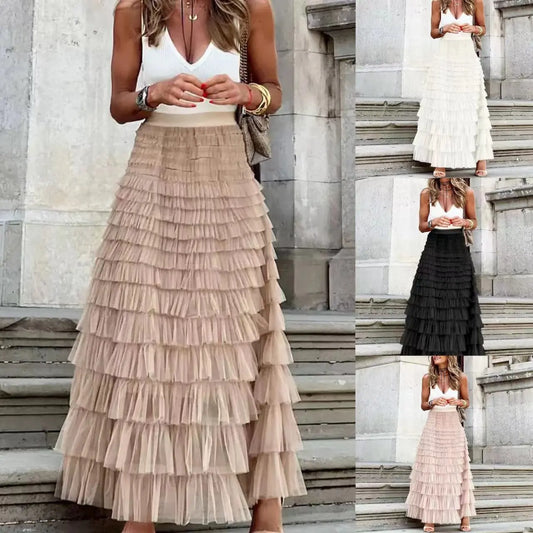 Long Skirt Layered Ruffles Design Elegant Maxi Dress