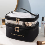 Sleek & Chic Double Layer Makeup Bag: Travel in Style with this Portable, Waterproof, and Spacious Cosmetic Bagouble Layer Makeup Bag Travel Cosmetic Bag PU Transparent WashBag Portable Waterproof Fashion Large Capacity Storage Bag