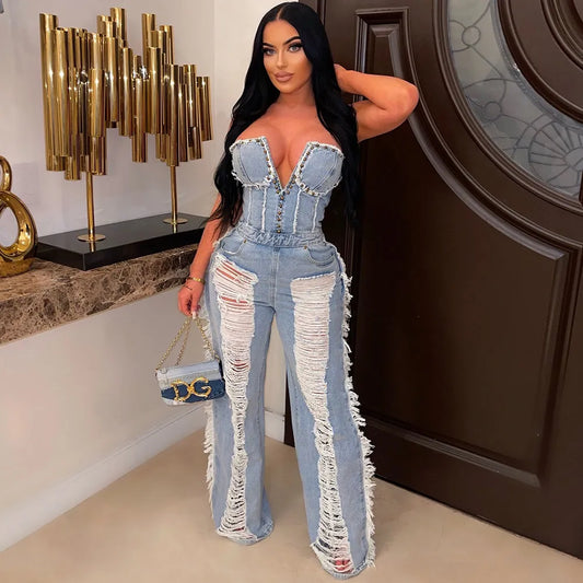 Timeless Chic: Vintage Hole Tassel Denim Jumpsuit - Unleash Your Inner Diva in 2023