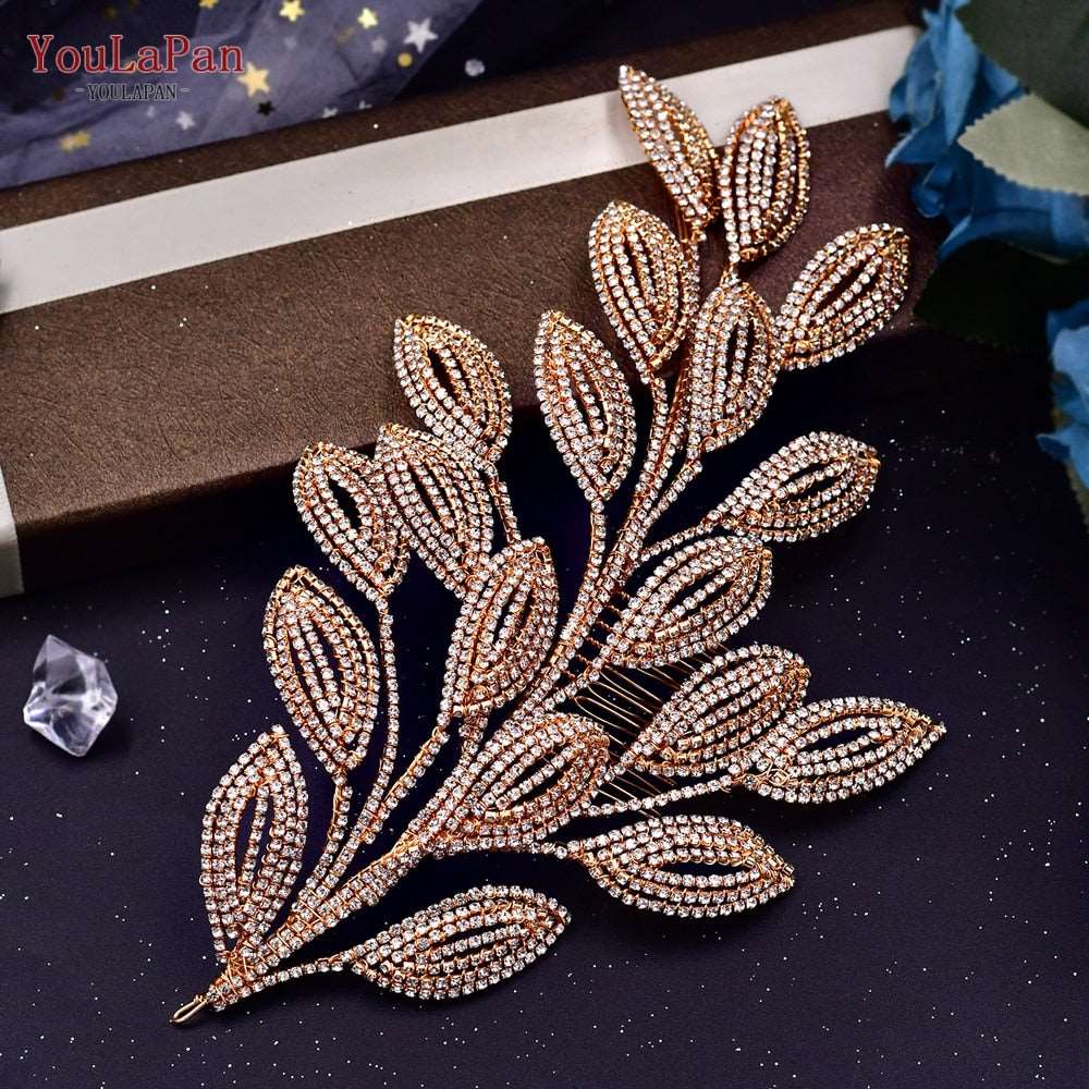 Bridal Comb Tiara | Rhinestone Leaf Wedding Hair Jewelry for Luxury Crystal Headdress