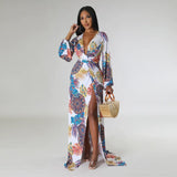 Summer Women Commuter Sexy Lantern Sleeves Sexy Deep V Split Print Dress Long Sleeve Floor Sweeping Dress