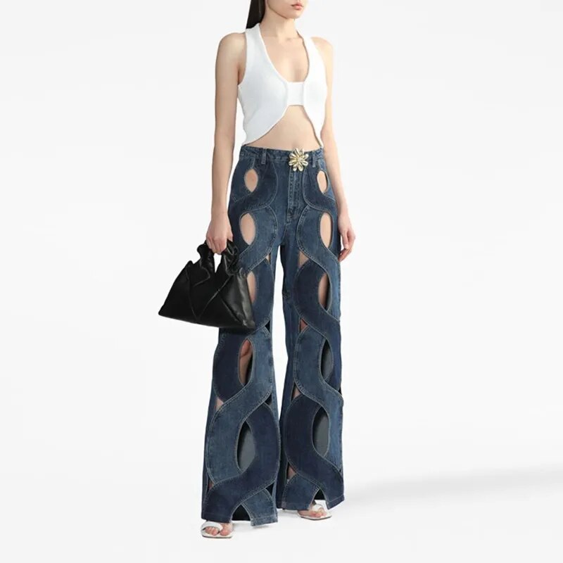 Fashion Women's Streetwear Cutout Flare Denim Pants - Trendy Hollow Out, Criss Cross Design
