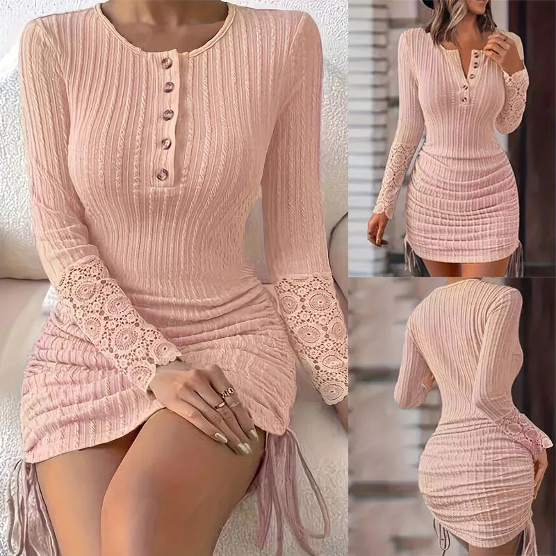 Sultry Sophistication: Fashion Long Sleeve Knitted Bodycon Lace Mini Dress for Women