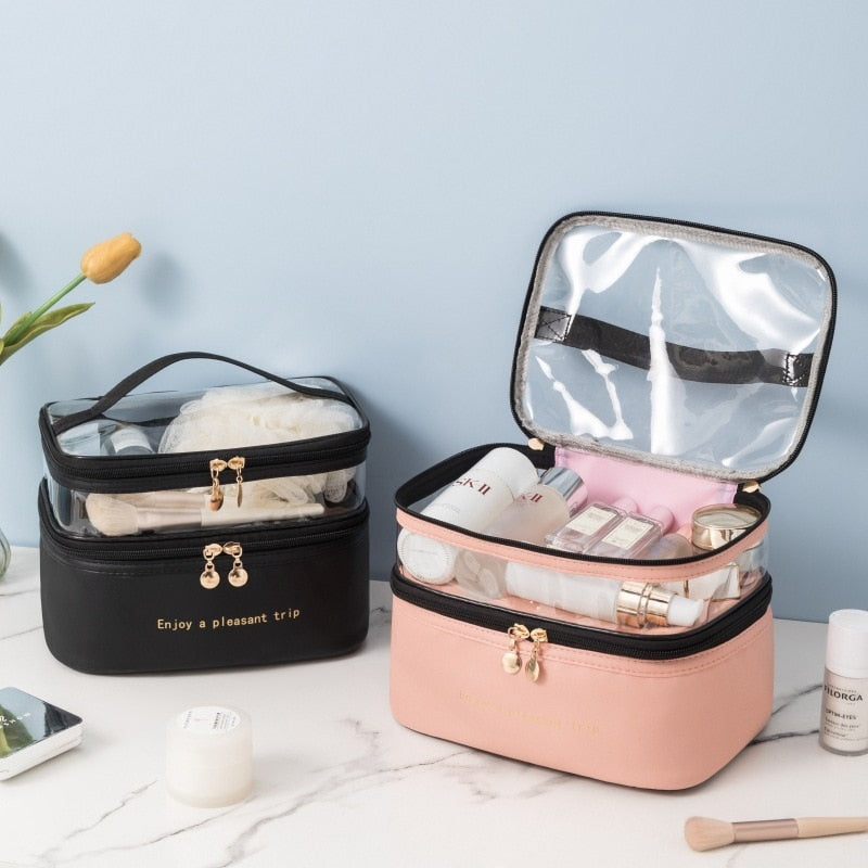 Sleek & Chic Double Layer Makeup Bag: Travel in Style with this Portable, Waterproof, and Spacious Cosmetic Bagouble Layer Makeup Bag Travel Cosmetic Bag PU Transparent WashBag Portable Waterproof Fashion Large Capacity Storage Bag
