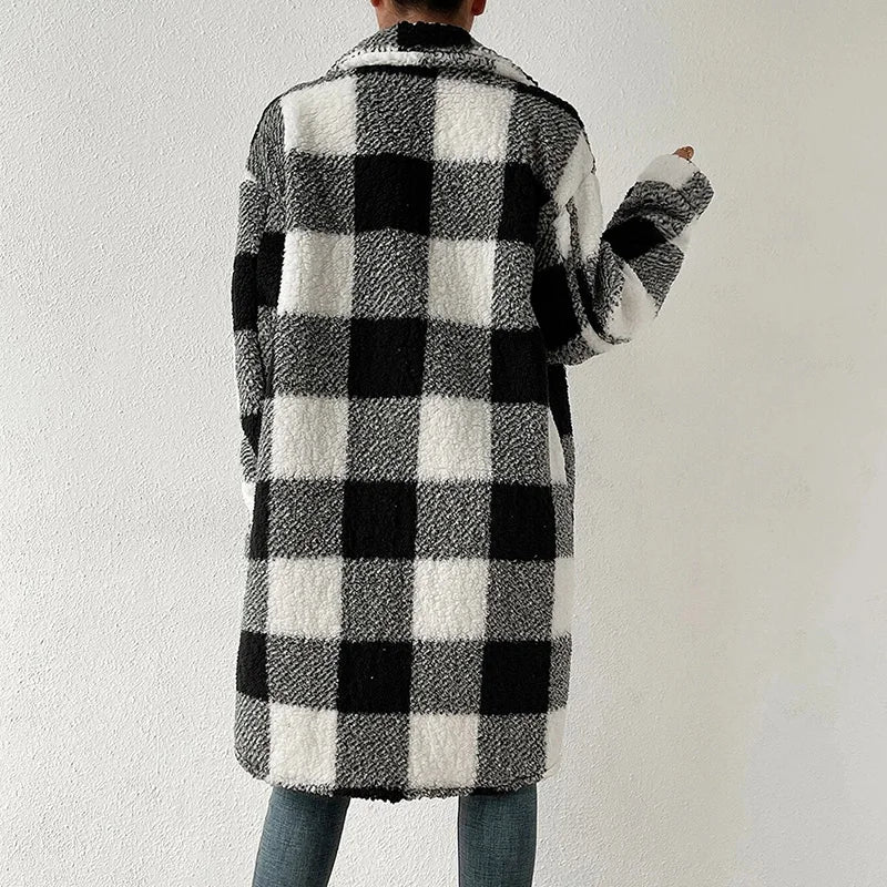 Chic Comfort: Autumn Winter Wool Blends Plaid Coat with Elegant Lapel Button Detail