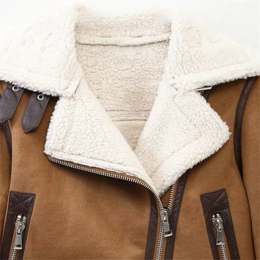 Winter Chic: Women's Casual Fur-Integrated Lamb Fleece Motorcycle Jacket