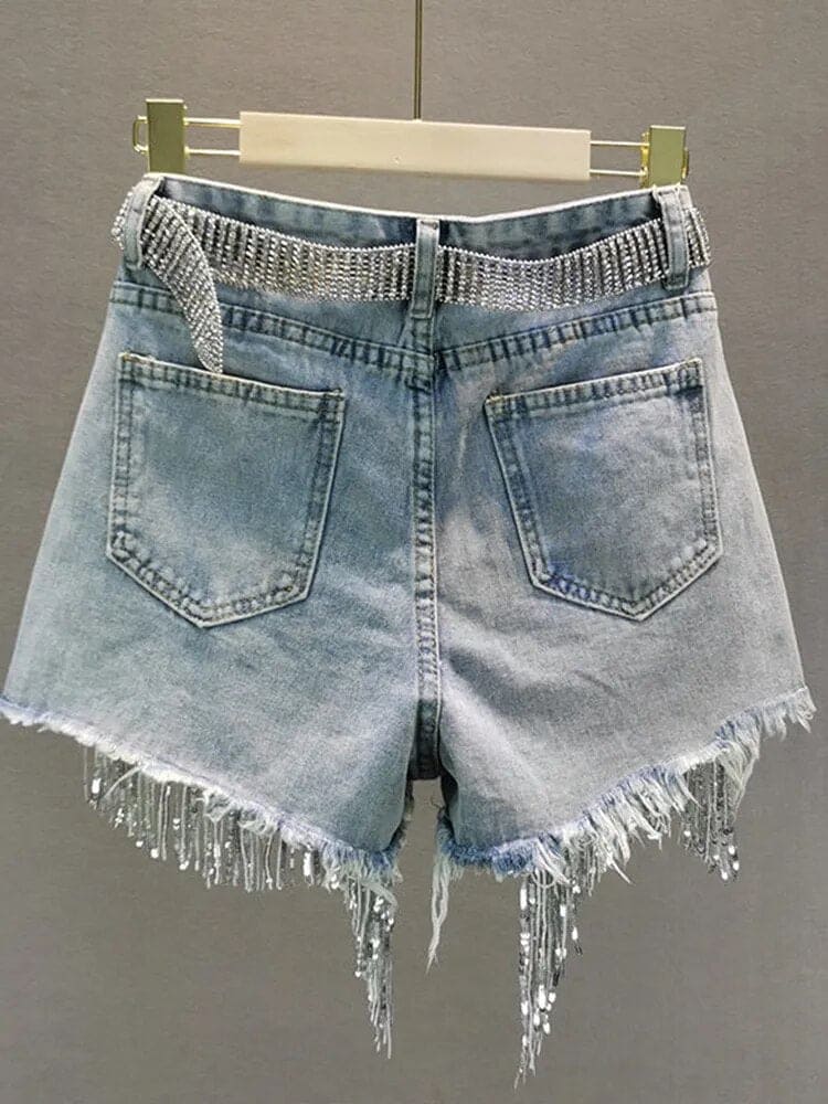 Summer Elegant Shorts Lady Tassel Beading High Waist Wide Leg Denim Shorts Female Casual Solid Shorts Jeans for Women Clothing