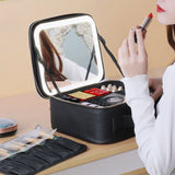 Makeup Bag with Mirror and Lights 3 Color Settings Makeup Train Case with Adjustable Dividers Waterproof Portable Large Cosmetic