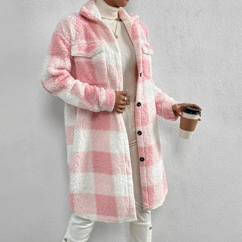 Chic Comfort: Autumn Winter Wool Blends Plaid Coat with Elegant Lapel Button Detail