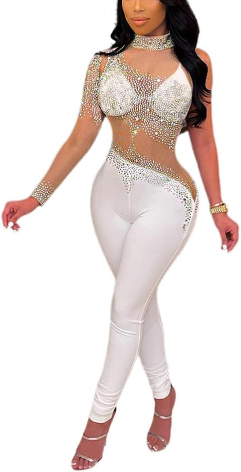 Women'S Sexy Jumpsuit See through Mesh Top Shinny Rhinestone Bodycon Long Sleeve Outfits Night Club Wear