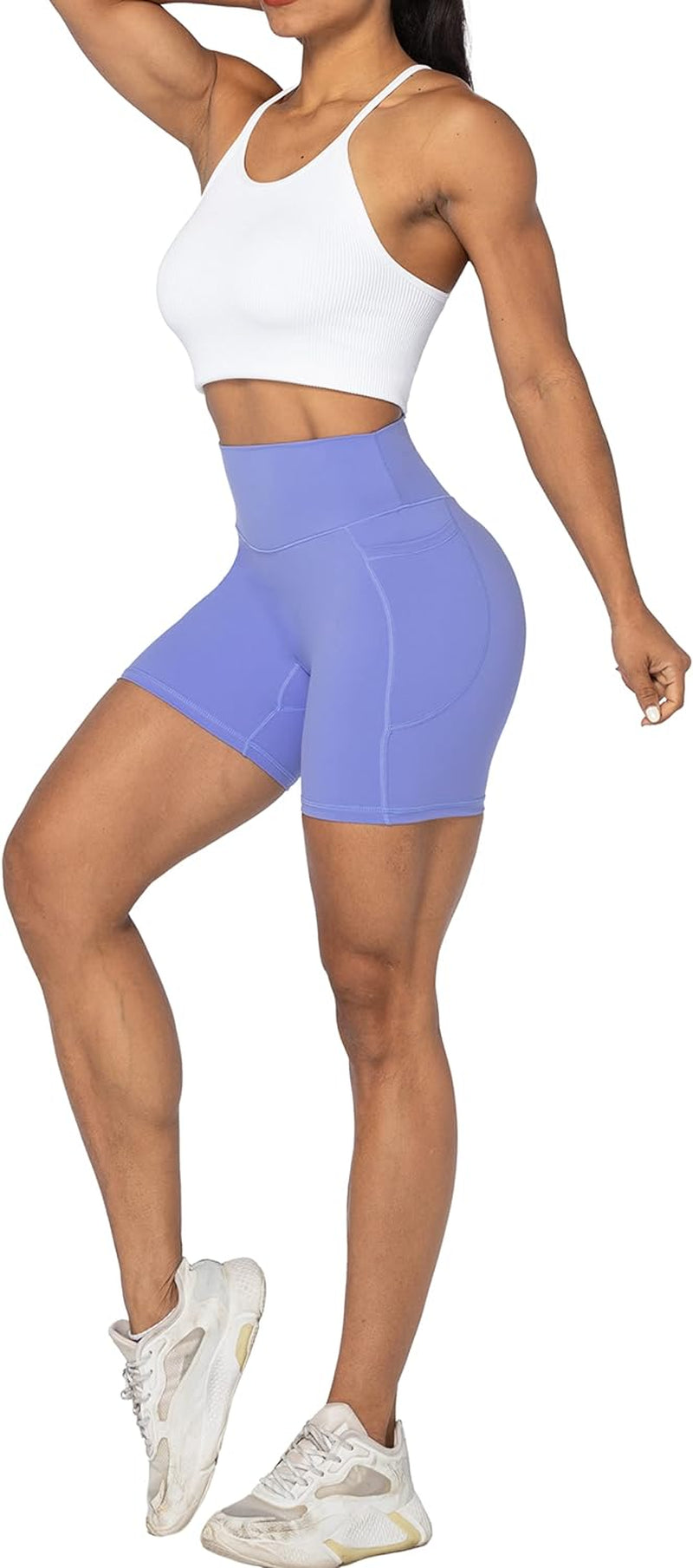 No Front Seam Biker Shorts for Women with Pockets, Yoga Workout Gym Bike Shorts with Tummy Control
