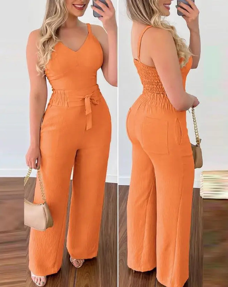 2024 Summer Women's Elegant V-Neck Jumpsuit Set with Shirred Cami Top and High Waist Pants - New Fashion Casual One Piece"