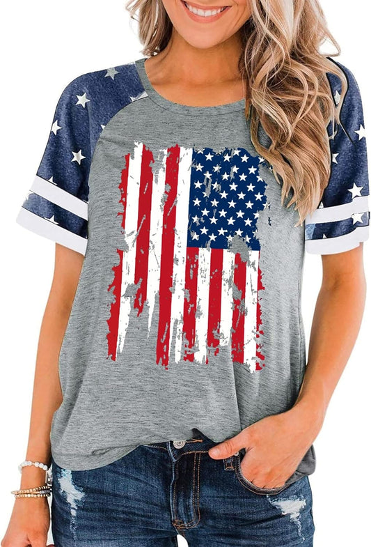 American Flag Shirt Women 4Th of July Shirts USA Flag Graphic Patriotic Tshirt Raglan Color Block Tops