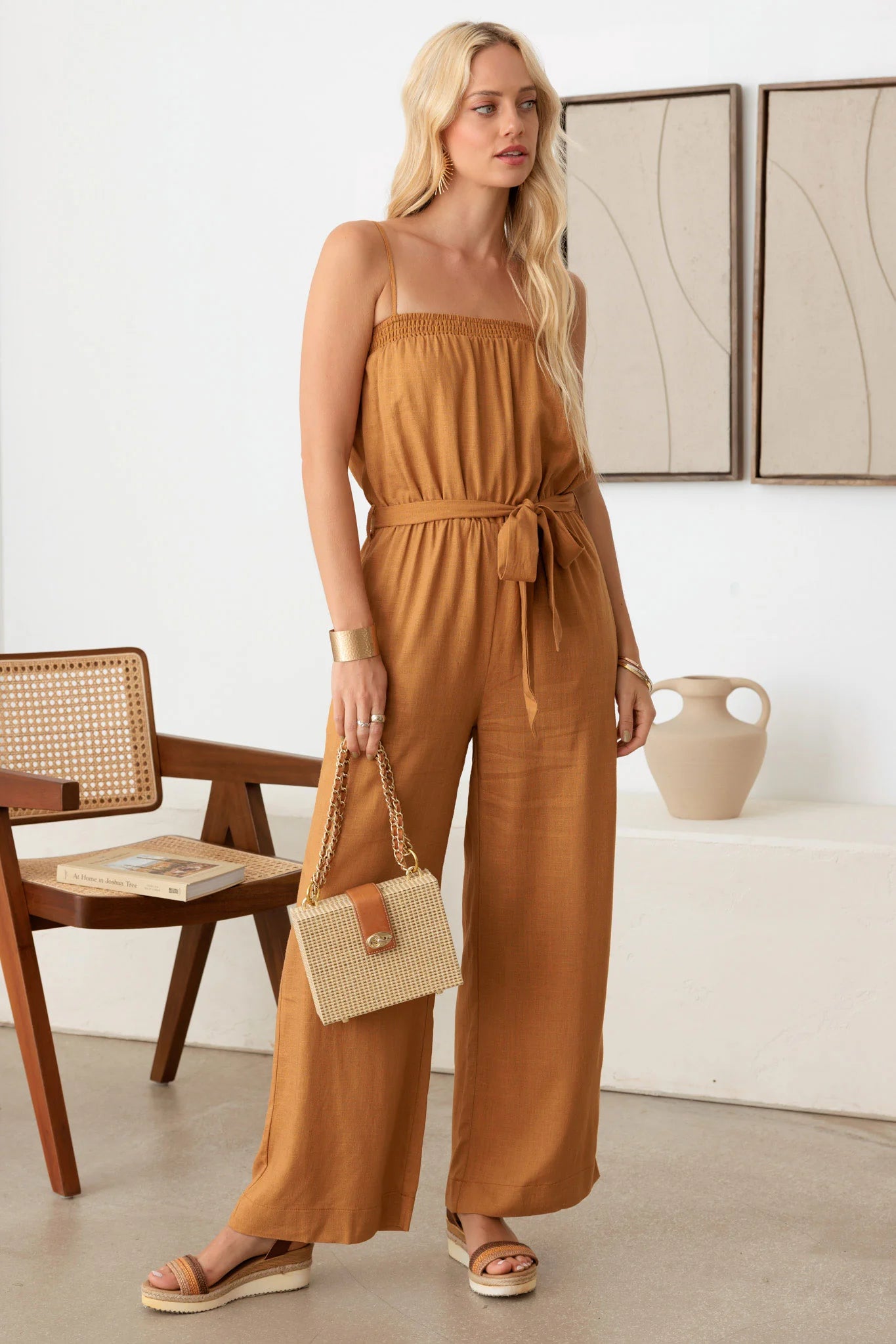 Linen Jumpsuit with Tie Waist and Smocked Neck-Line